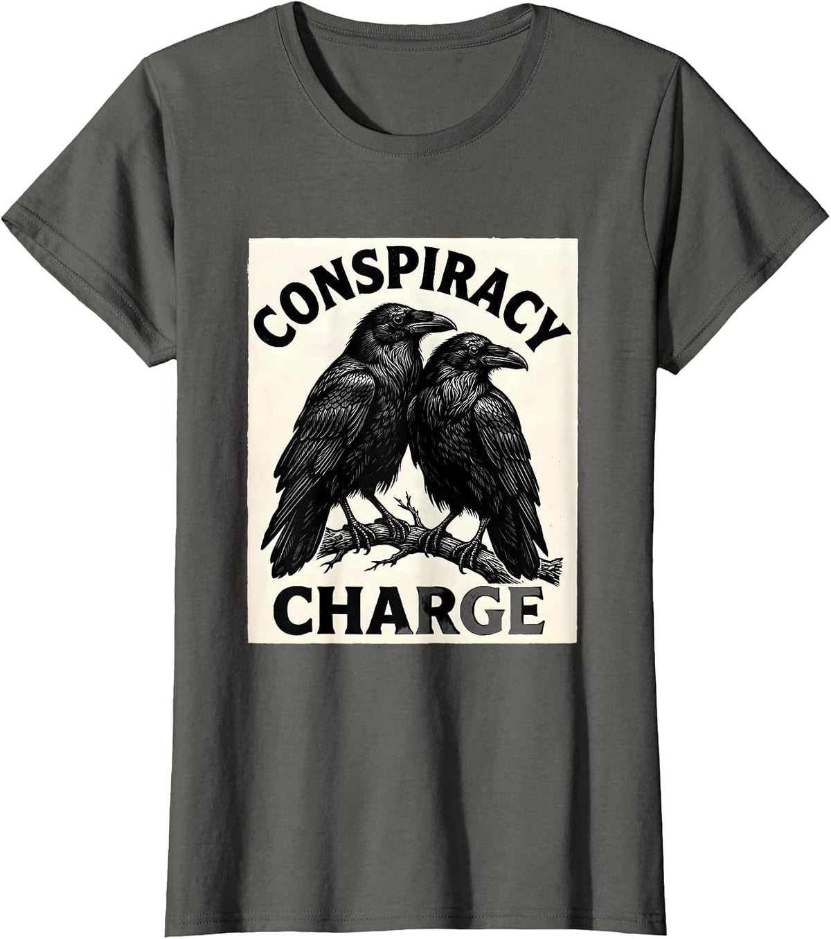Women's Conspiracy Charge Woodcut Engraving Crow Lover Literary T-Shirt - Asphalt Grey