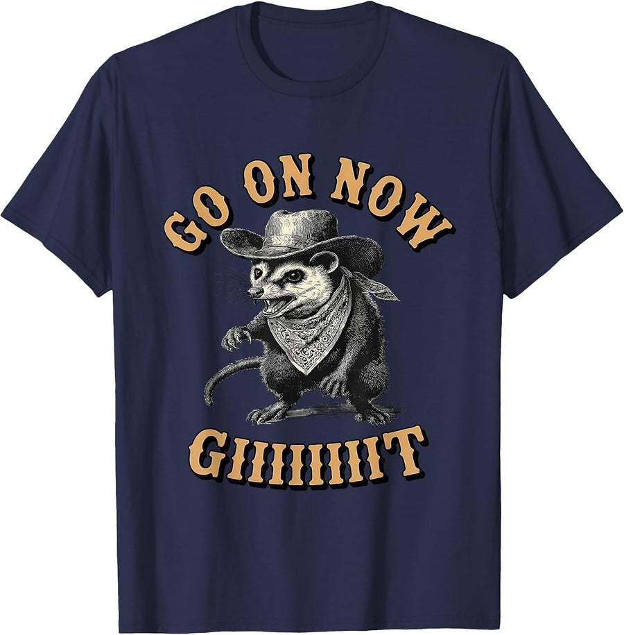 Cowboy Opossum Western Country Possum Go On Now Git T-Shirt - Navy Blue