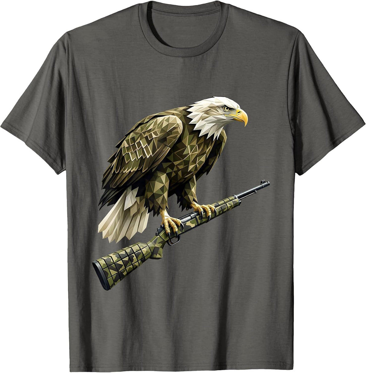 Camo Bald Eagle Perched on Rifle Barrel T-Shirt - Asphalt Grey