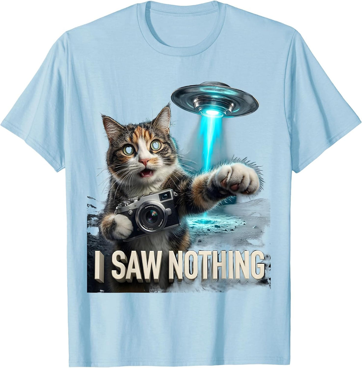 Men's I Saw Nothing Funny Cat UFO Abduction Selfie Novelty Gift T-Shirt - Baby Blue