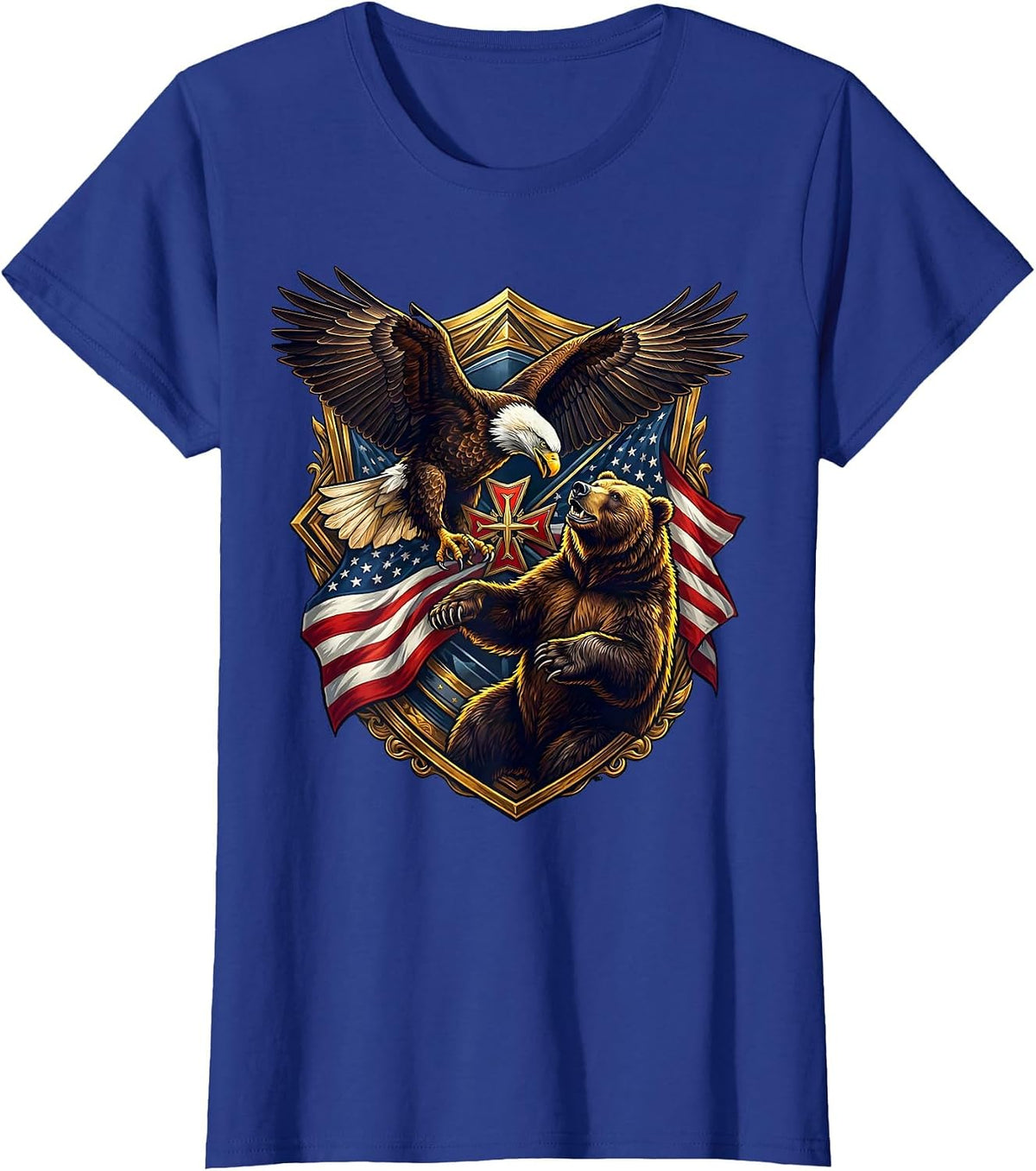 Women's Bald Eagle vs Bear American Wildlife Showdown T-Shirt - Royal Blue