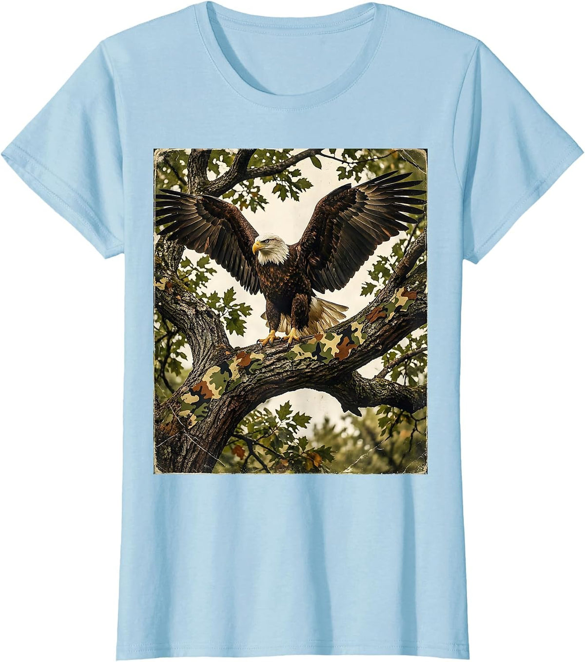 Eagle on Camo Branch Wildlife Graphic T-Shirt - Baby Blue