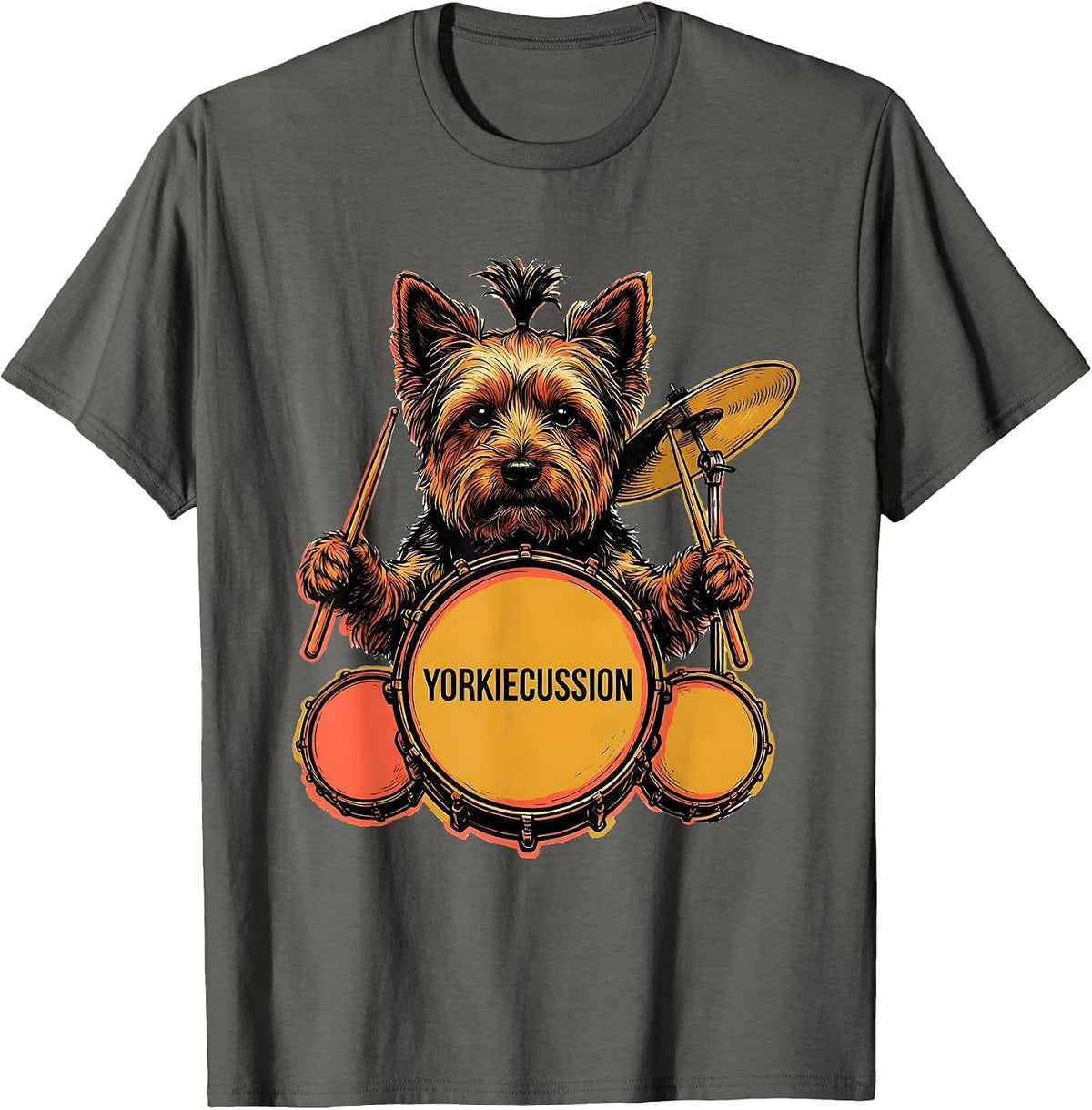Men's Yorkiecussion Funny Yorkshire Terrier Drummer Pet Owner Rock T-Shirt - Asphalt Grey