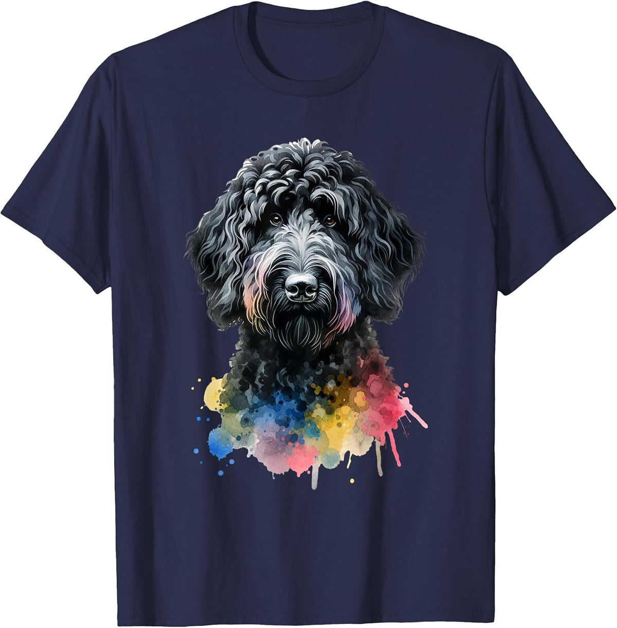 Black Labradoodle Dog Watercolor Artwork T-Shirt - Navy Blue