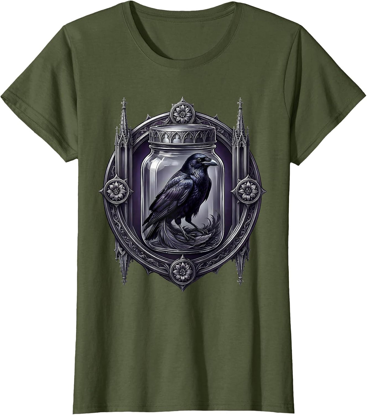 Women's Raven in a Mason Jar Gothic Nature Illustration T-Shirt - Olive Green