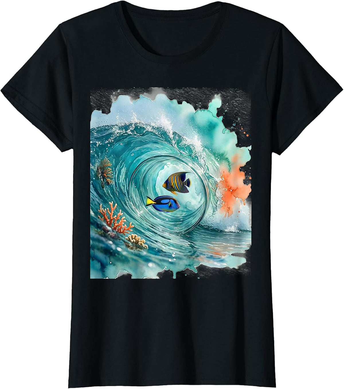Tropical Fish Wave Curl Aloha Graphic Tee T-Shirt - Black