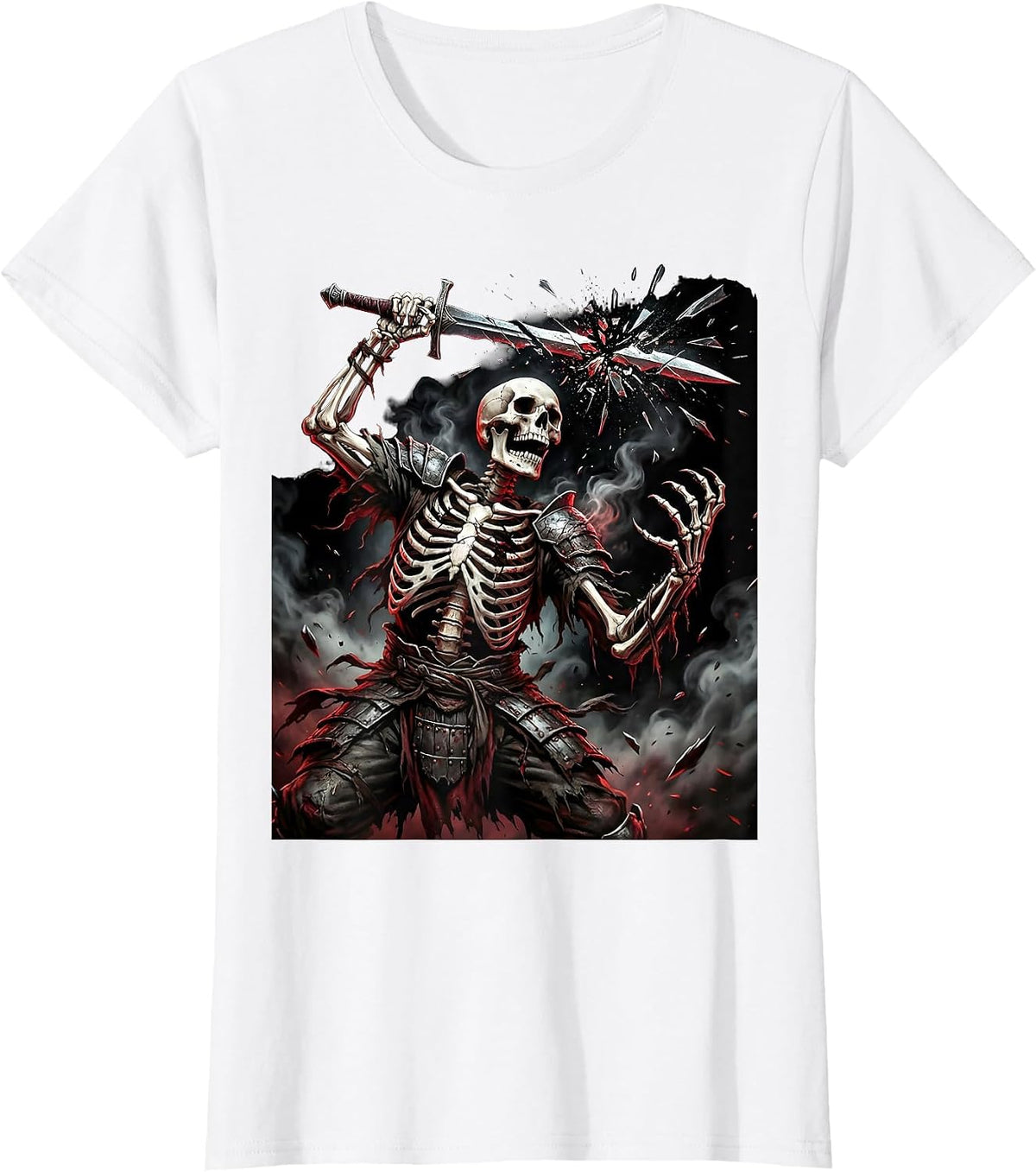 Skeleton Warrior Broken Sword Death Metal Art T-Shirt - White