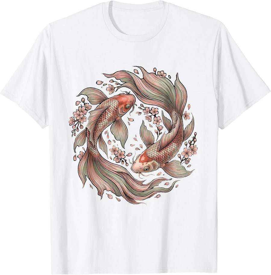 Men's Koi Fish and Cherry Blossom Swirl Design T-Shirt - White