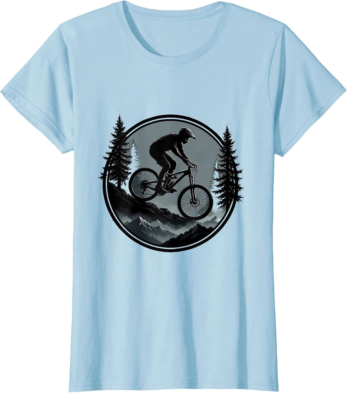 Mountain Biker Descending Misty Forest Trail T-Shirt - Baby Blue