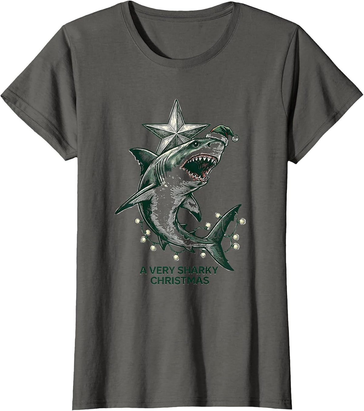 Women's A Very Sharky Christmas Funny Shark Santa Hat Holiday Lights T-Shirt - Asphalt Grey