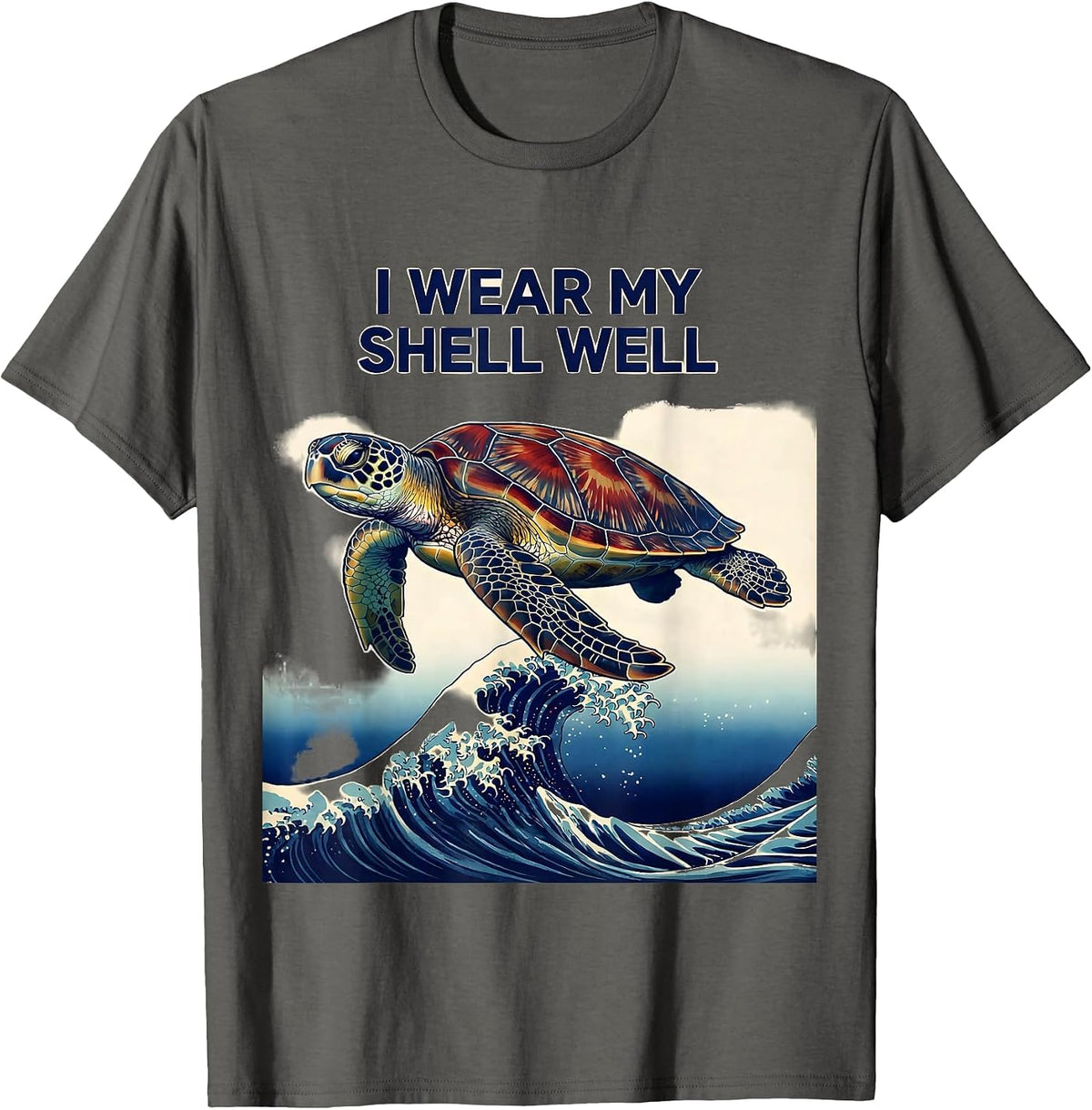 Men's I Wear My Shell Well Ukiyo-e Sea Turtle Lover Tropical T-Shirt - Asphalt Grey