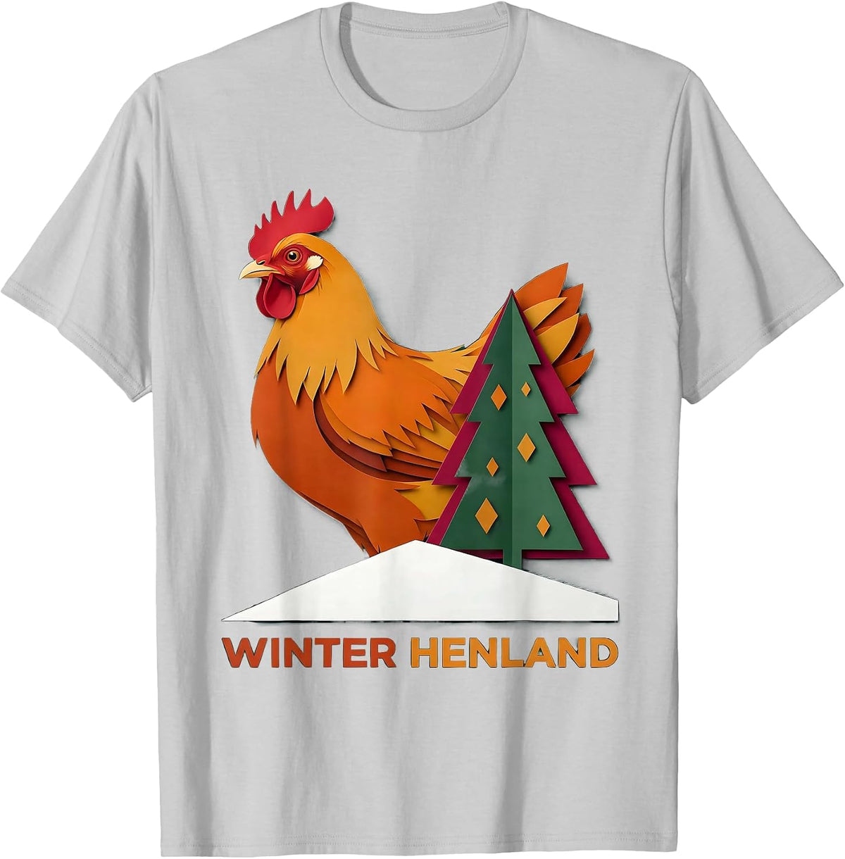 Men's Winter Henland Paper Cutout Funny Chicken Lover Christmas T-Shirt - Silver Grey