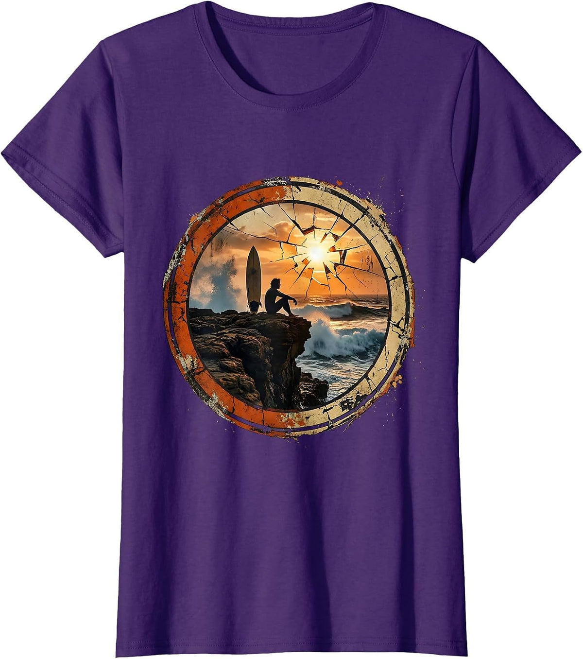 Surfer Meditating on Rocky Cliff Graphic Tee T-Shirt - Purple