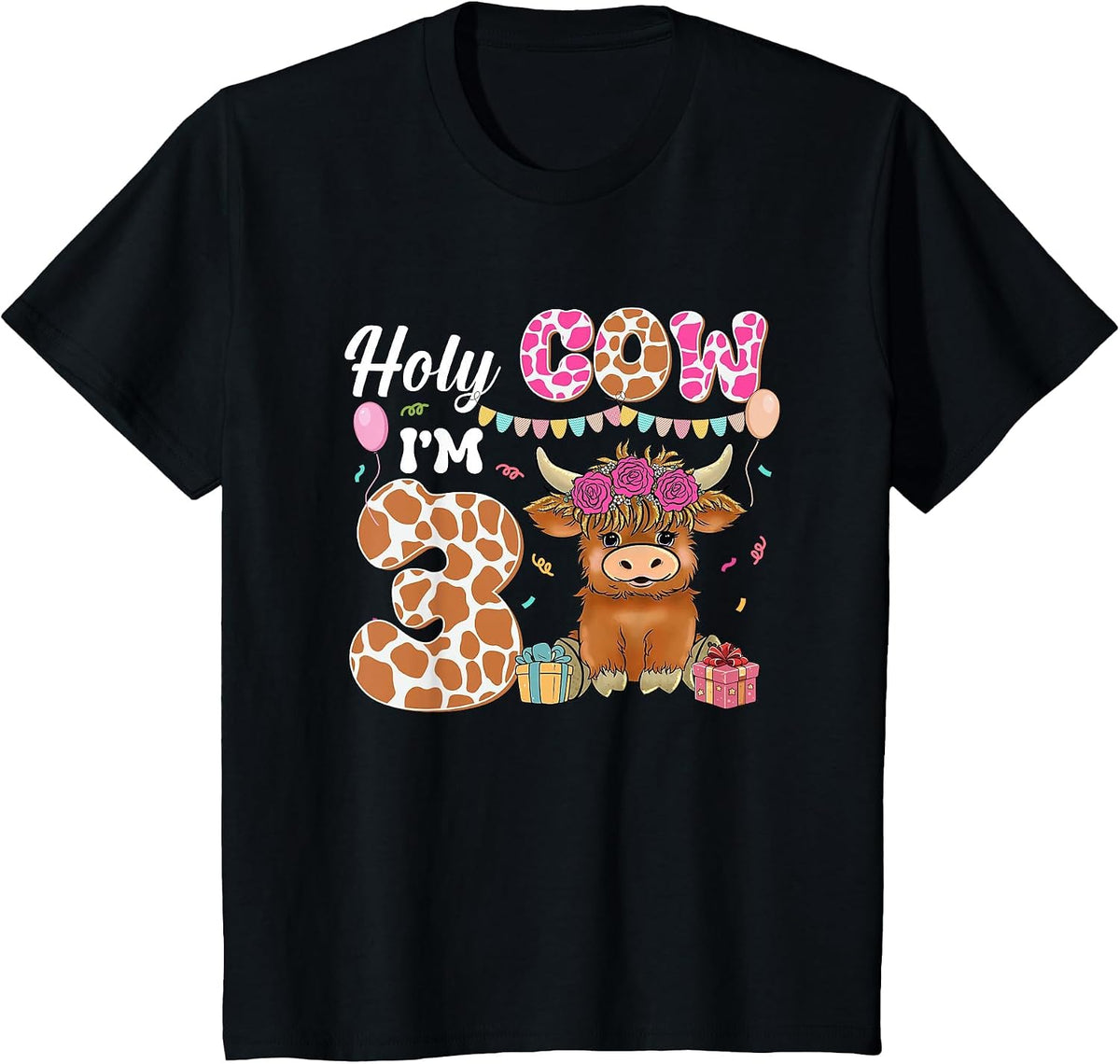 Holy Cow I'm 3 Highland Cow Farming 3rd Birthday 3 Years Old T-Shirt - Black