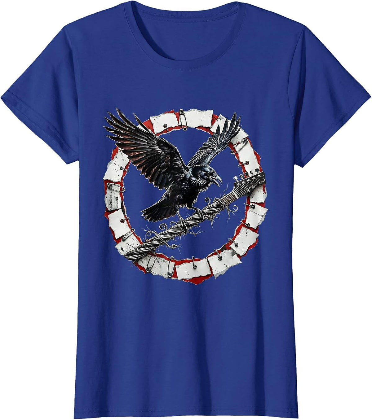 Women's Raven on Broken Guitar String Rock Art Design T-Shirt - Royal Blue
