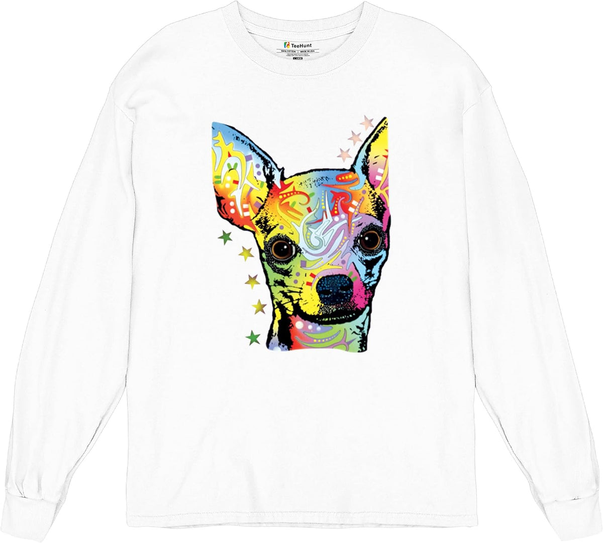 Tee Hunt Dean Russo Cute Chihuahua Long Sleeve T-Shirt Neon Colorful Small Dog - White