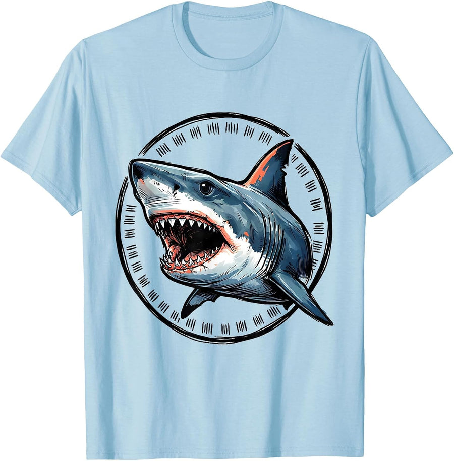Men's Shark Jaw Badge Ocean Animal Humor Gift T-Shirt - Baby Blue
