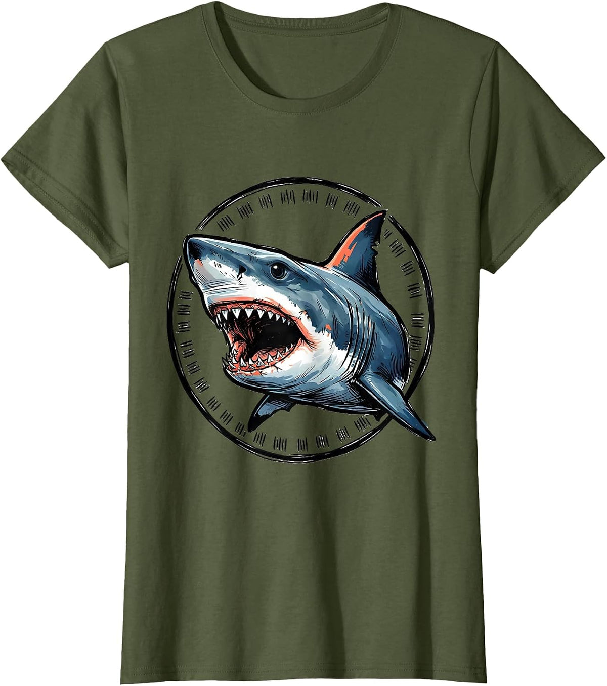 Women's Shark Jaw Badge Ocean Animal Humor Gift T-Shirt - Olive Green