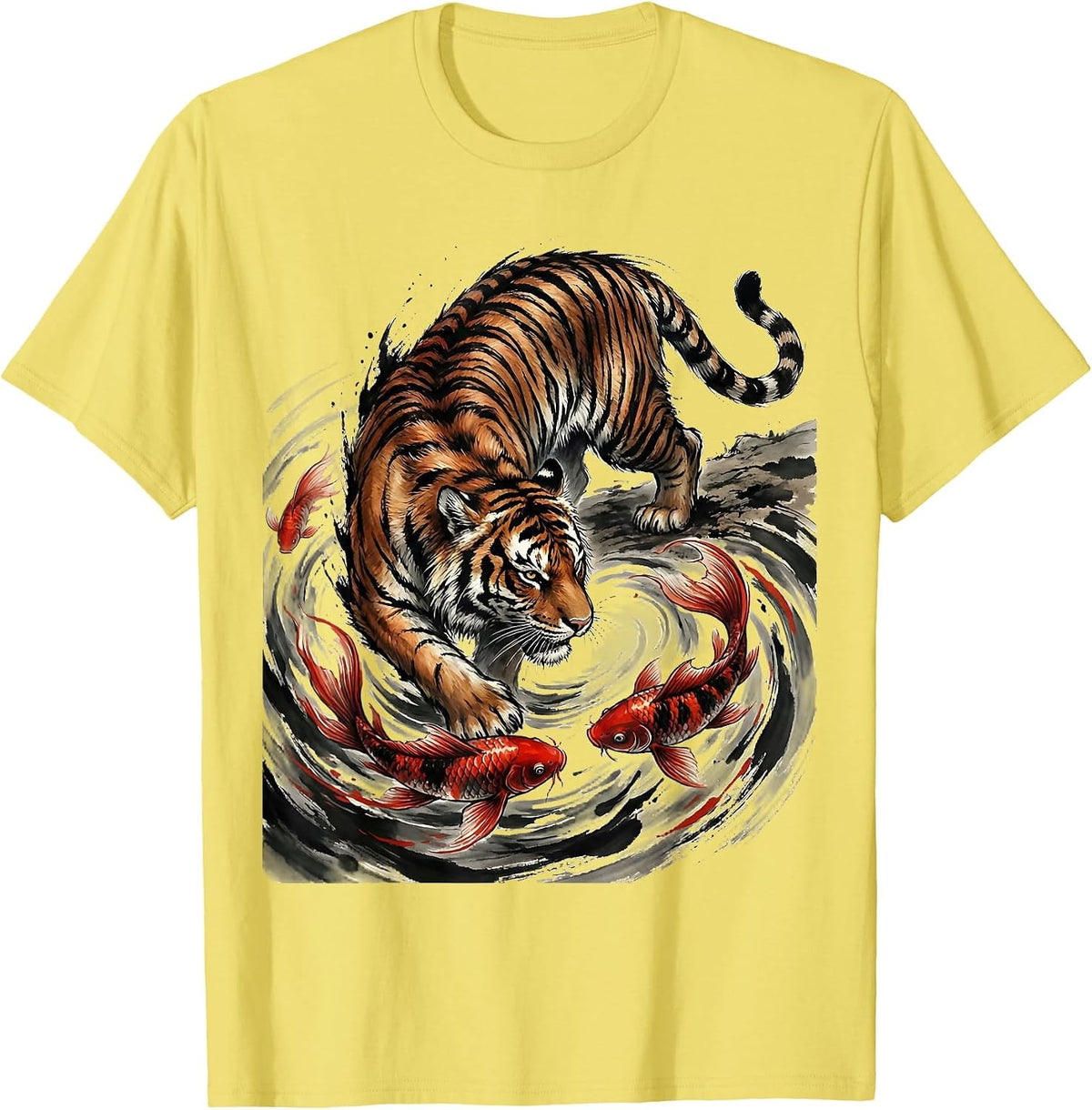 Men's Tiger and Koi Fish Swirling Pattern Graphic T-Shirt - Lemon Yellow