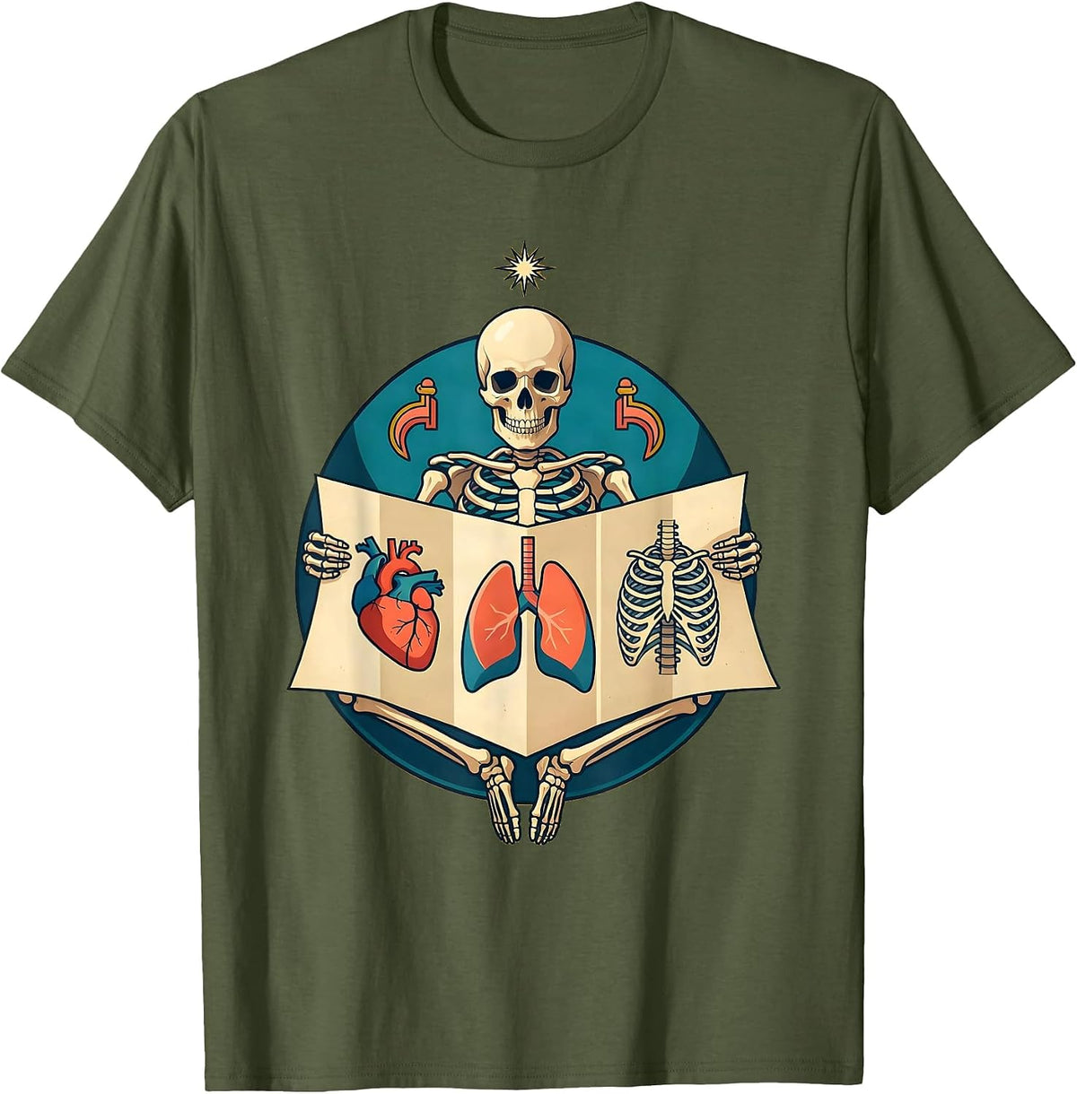 School Nurse Skeleton Anatomy Chart Graphic T-Shirt - Olive Green