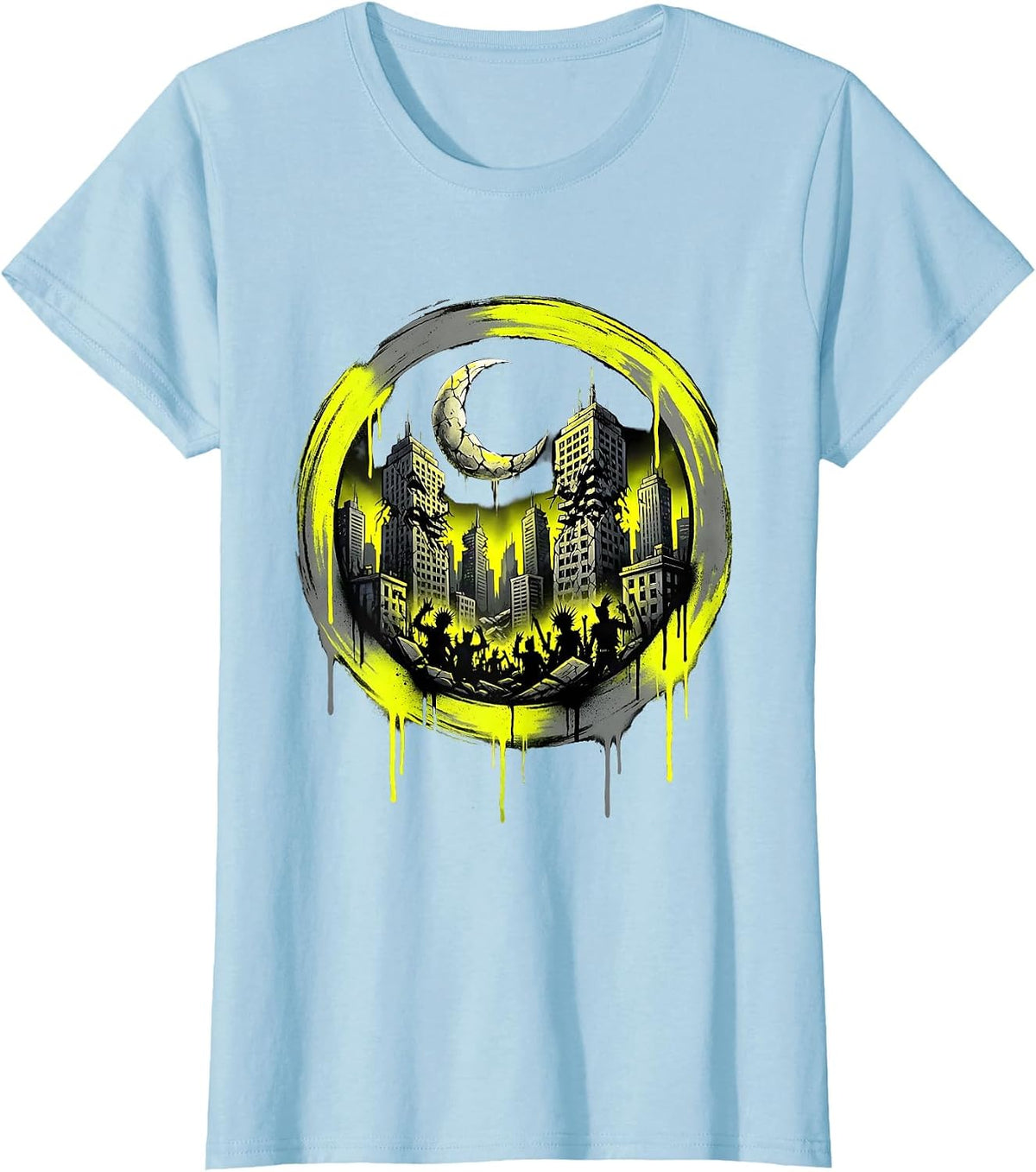 Punk Crumbling City Skyline Midnight Graphic T-Shirt - Baby Blue