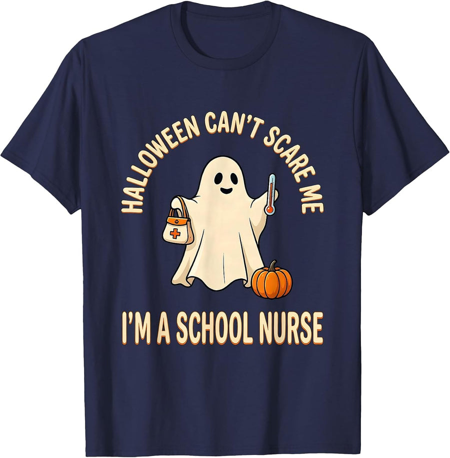 Halloween Can't Scare Me, I'm A School Nurse Funny T-Shirt - Navy Blue