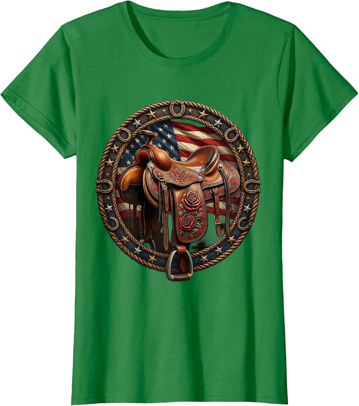 Women's Floral Stitched Leather Saddle Cowgirl Design T-Shirt - Kelly Green