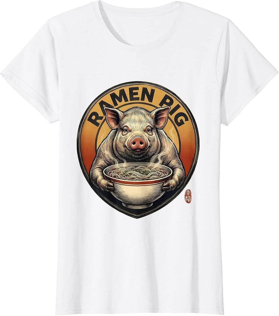 Women's Ramen Pig Funny Japanese Animal Kawaii Anime Streetwear T-Shirt - White