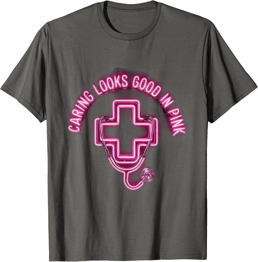 Caring Looks Good In Pink Nurse Design T-Shirt - Asphalt Grey