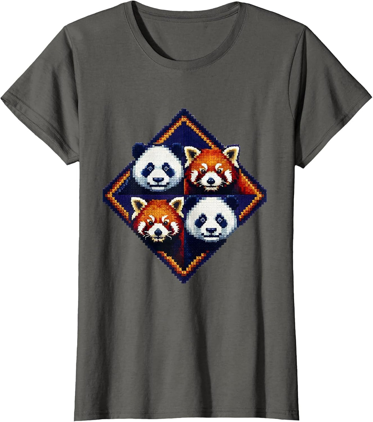 Women's Stitched Diamond Panda Red Panda Cross Stitch Sampler Animal T-Shirt - Asphalt Grey