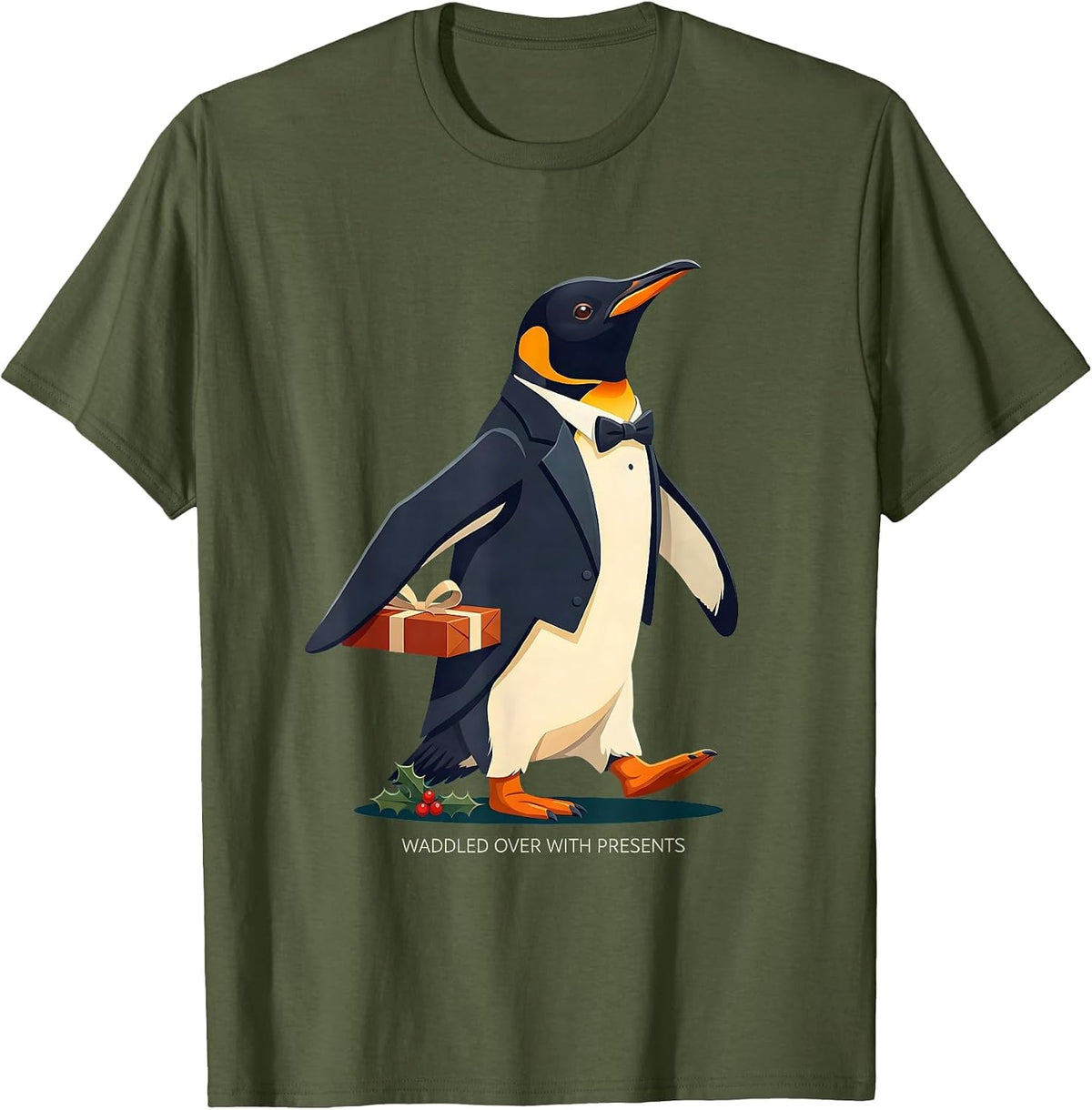 Men's Waddled Over With Presents Funny Penguin Lover Christmas T-Shirt - Olive Green