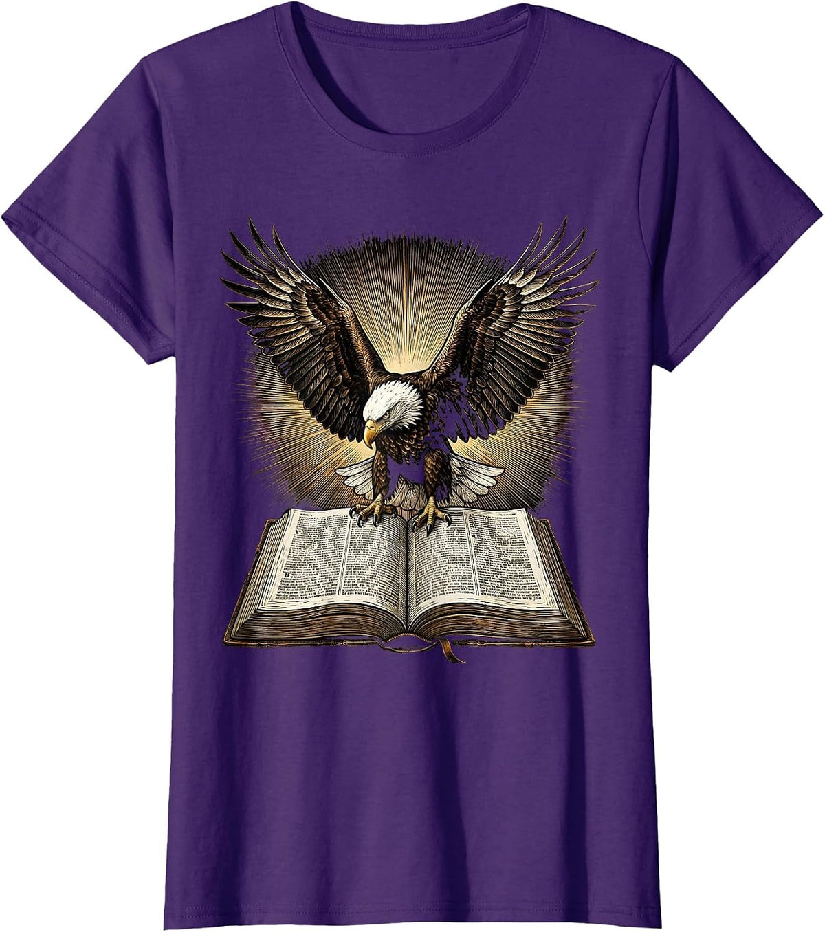 Women's Bald Eagle Over Bible Patriotic Christian Graphic T-Shirt - Purple