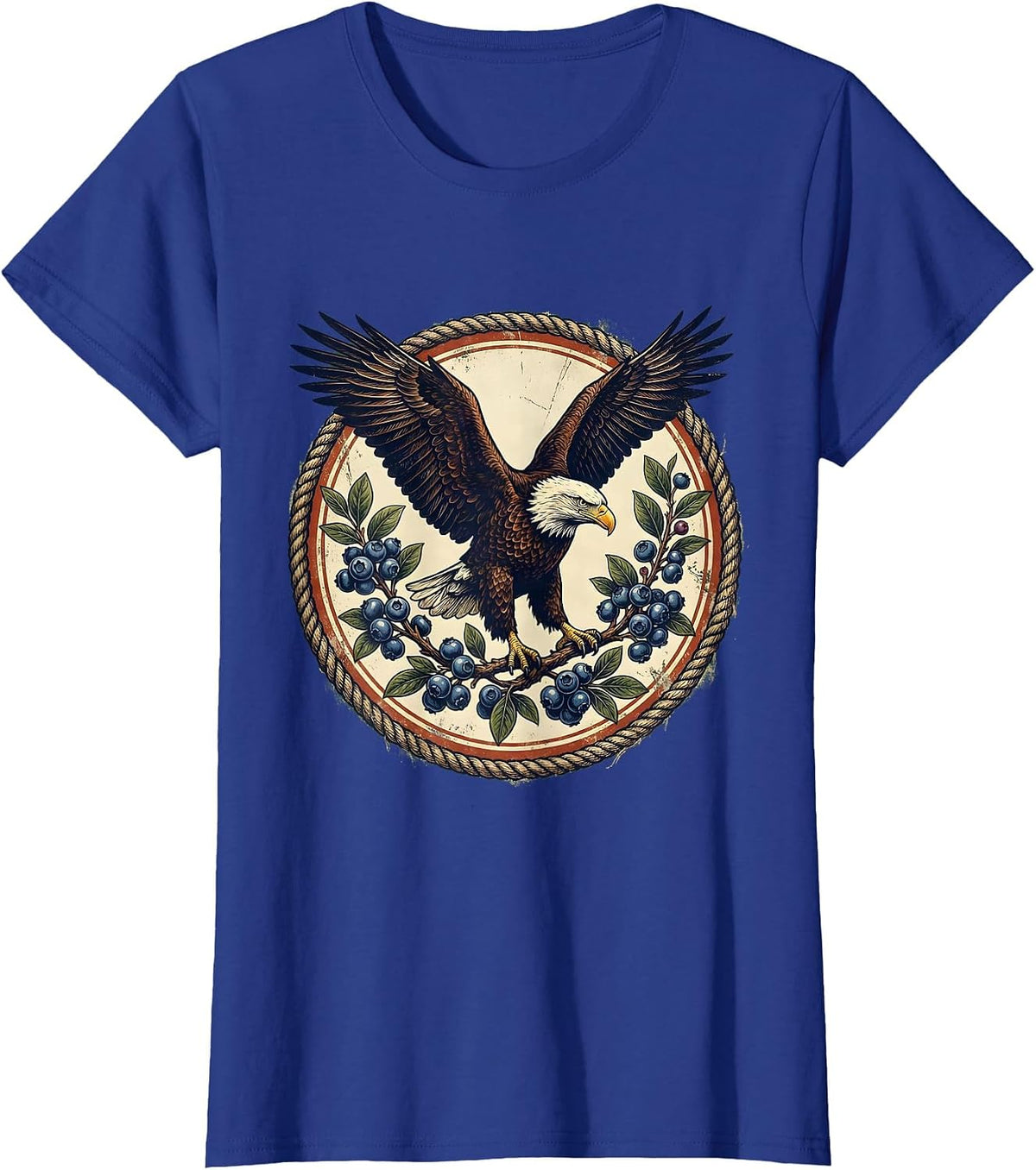 Women's Bald Eagle Blueberry Branch Patriotic Art T-Shirt - Royal Blue