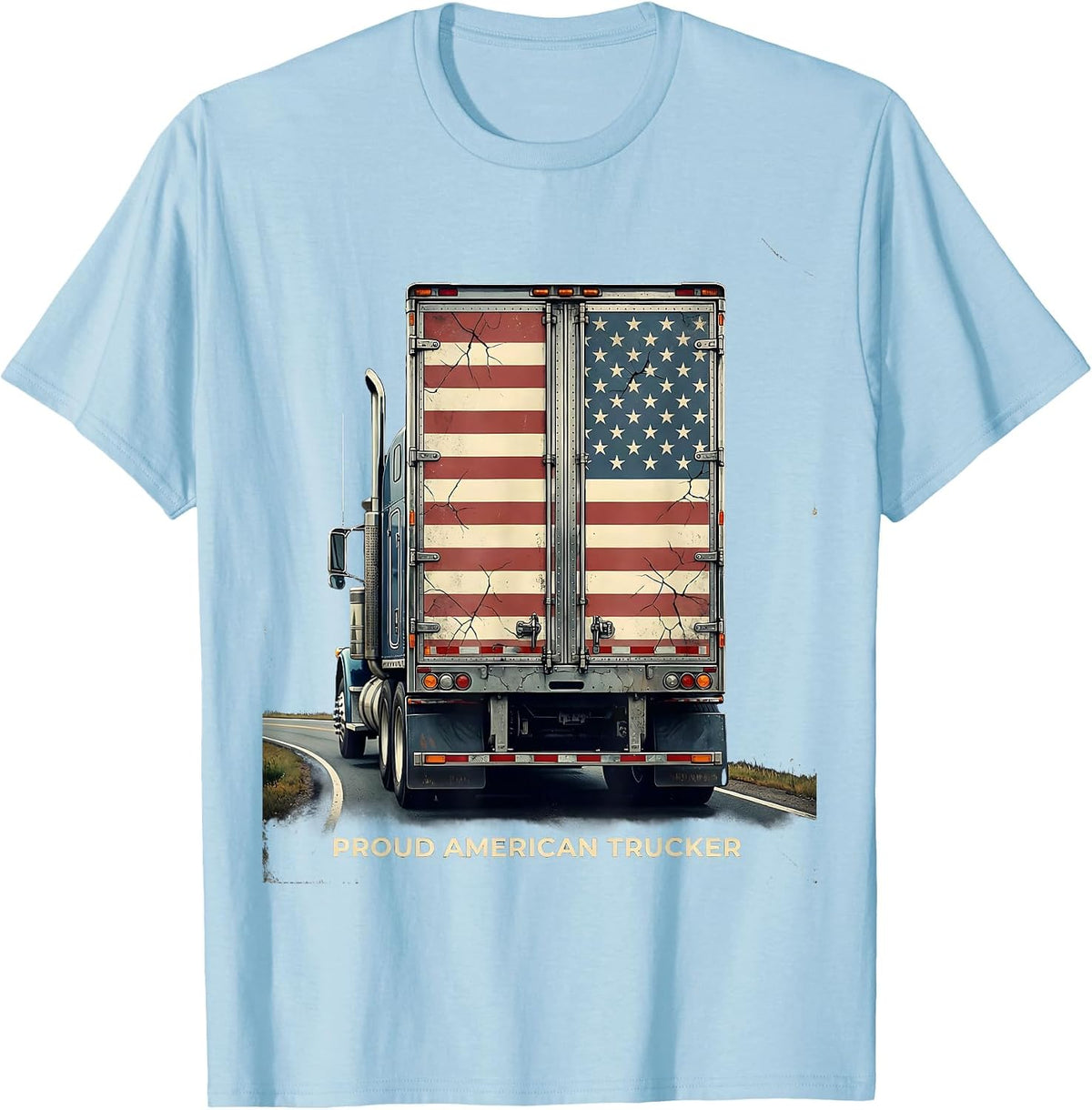 Men's Proud American Trucker Distressed Semi Trailer Trucker Gift T-Shirt - Baby Blue