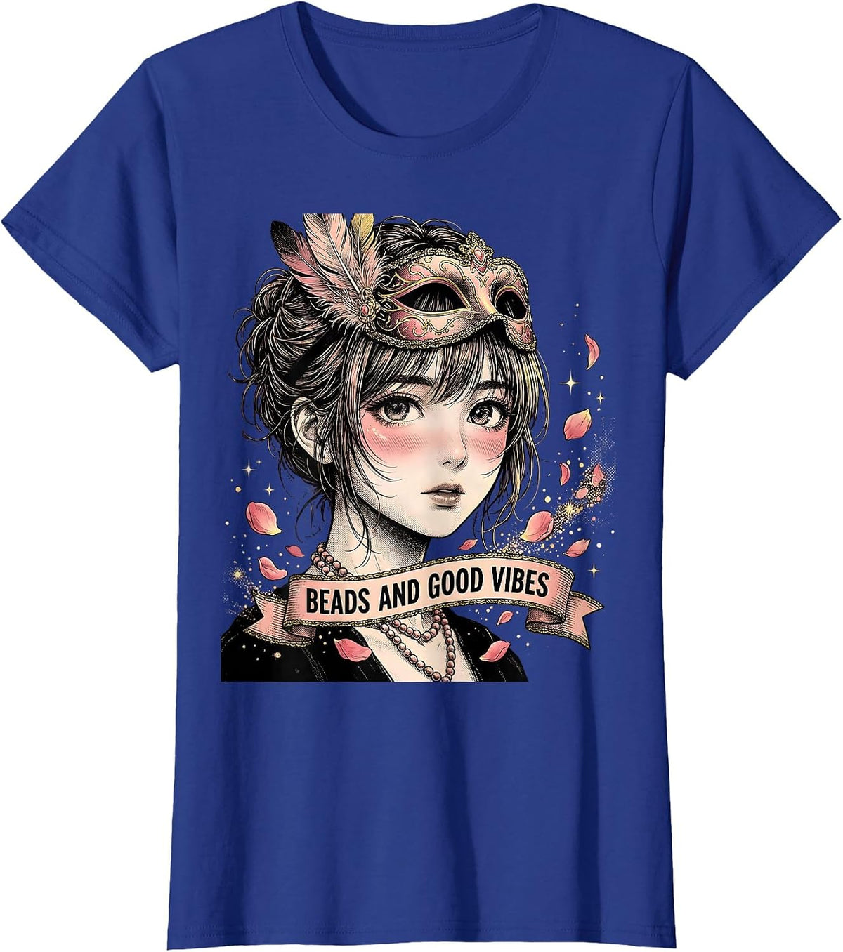 Women's Beads and Good Vibes Mardi Gras Design T-Shirt - Royal Blue