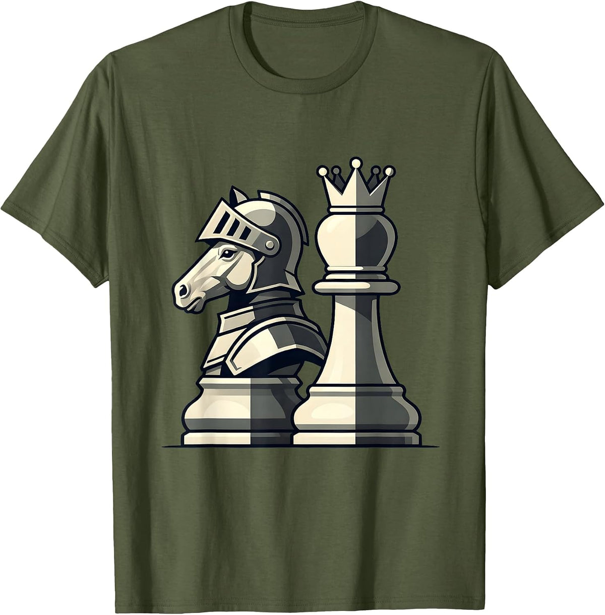 Chess Couple Knight and Queen Matching Design T-Shirt - Olive Green