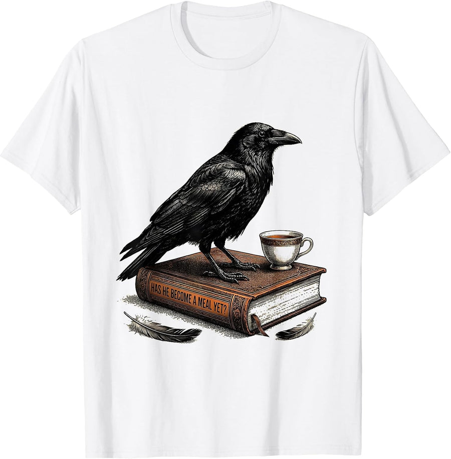Men's Has He Become A Meal Yet Dark Humor Gothic Crow Raven Bird T-Shirt - White