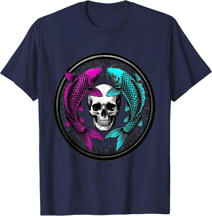 Koi Fish Submerged Skull Graphic Design T-Shirt - Navy Blue