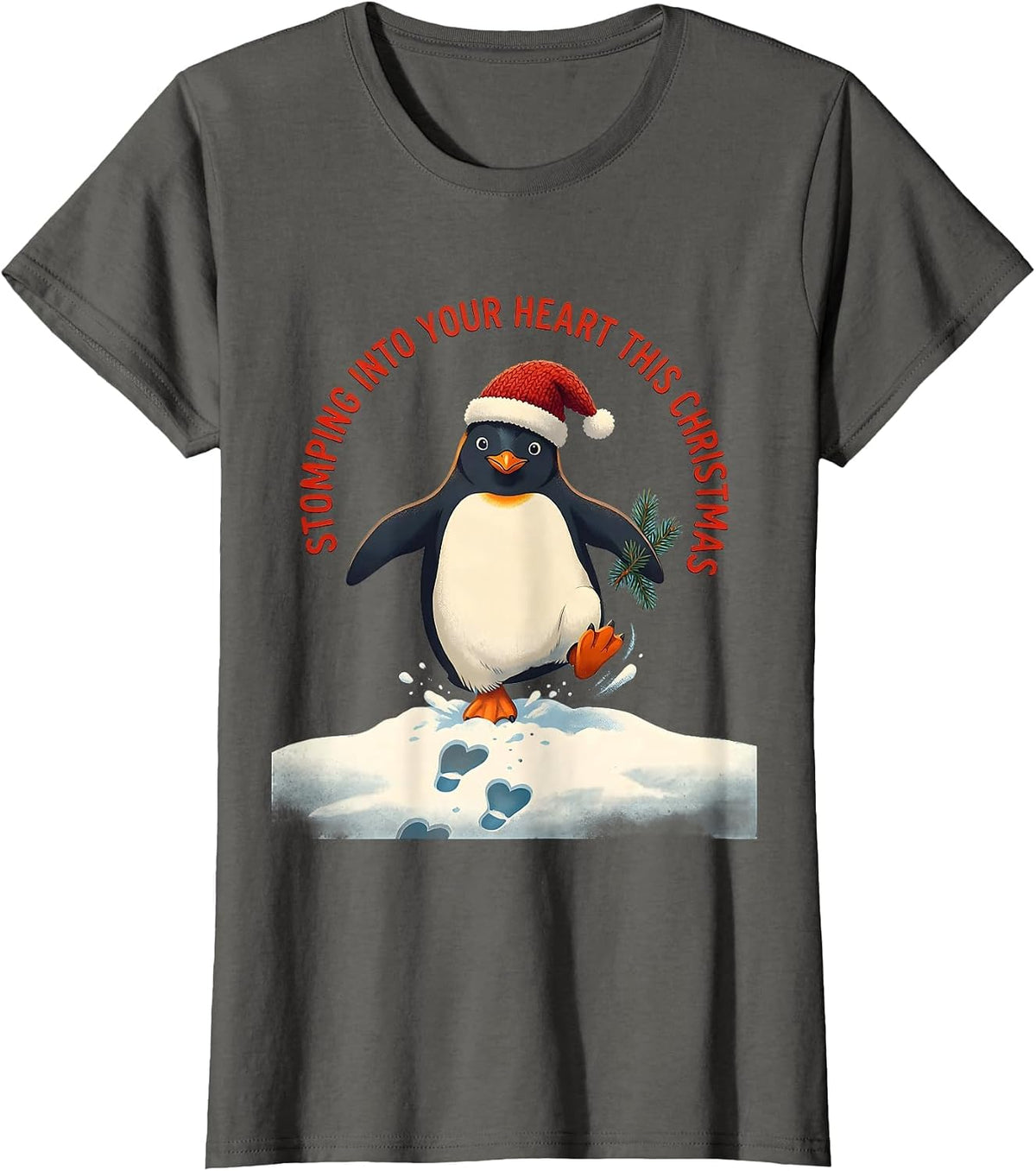 Women's Stomping Into Your Heart This Christmas Funny Penguin Lover T-Shirt - Asphalt Grey