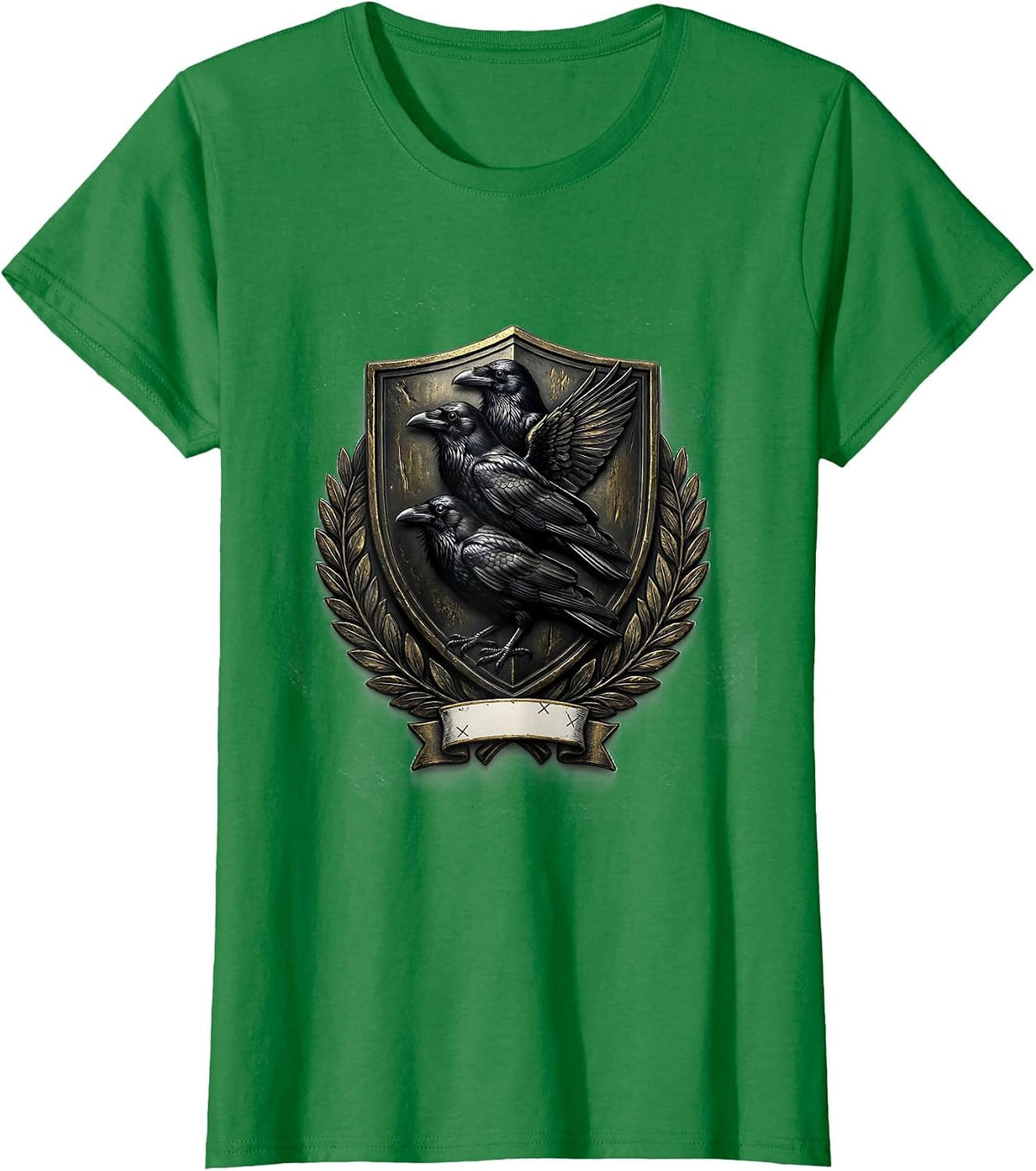 Women's Heraldic Crow Shield Dark Humor Bird Lover Emblem T-Shirt - Kelly Green