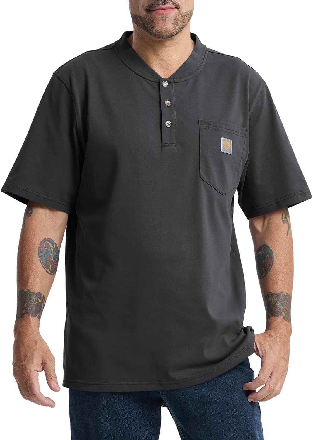 Loose Fit Thick Work T-Shirts for Men Pocket Henley Workwear Shirts - Tall Charcoal