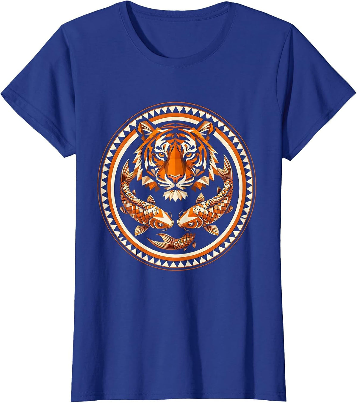 Women's Tiger and Koi Fish Swirl Graphic Design T-Shirt - Royal Blue