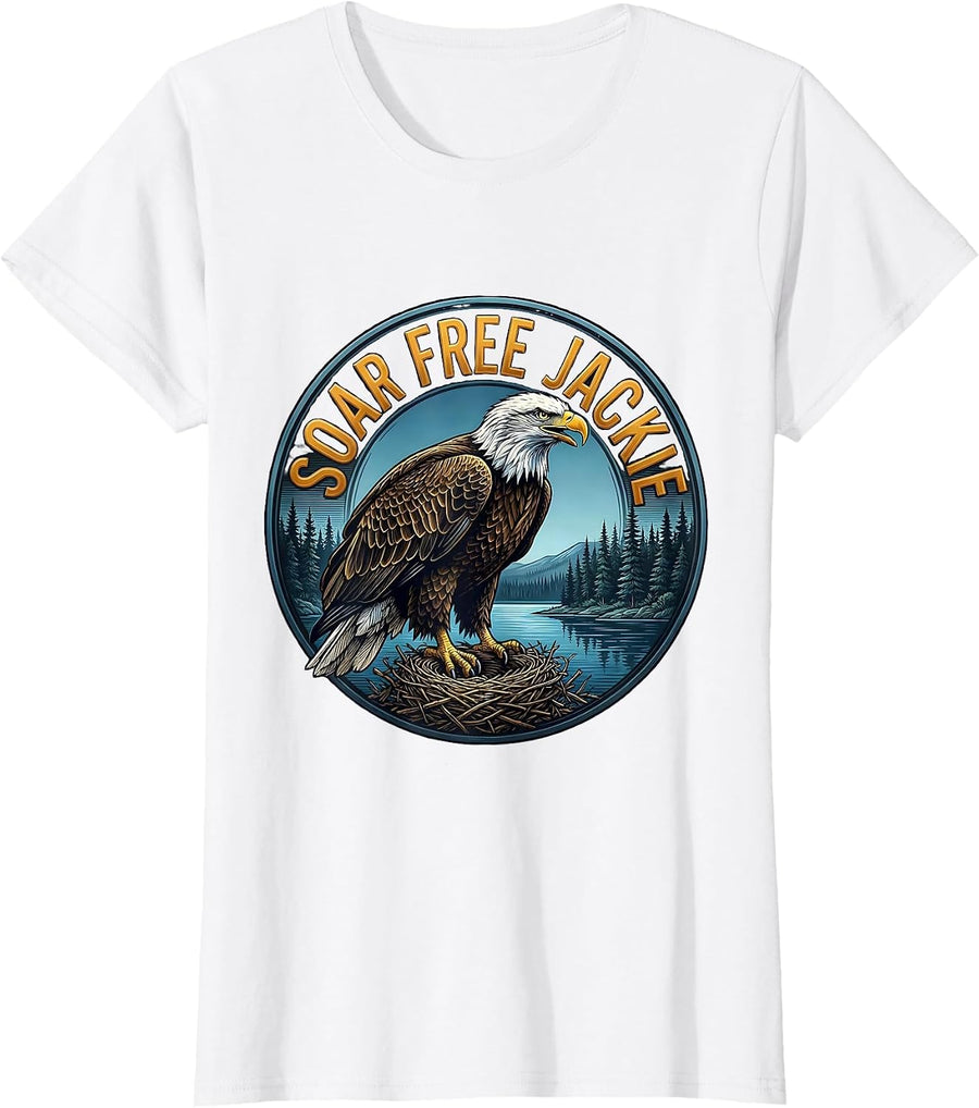 Women's Soar Free Jackie Memorial Bald Eagle Nature Lover Tribute T-Shirt - White
