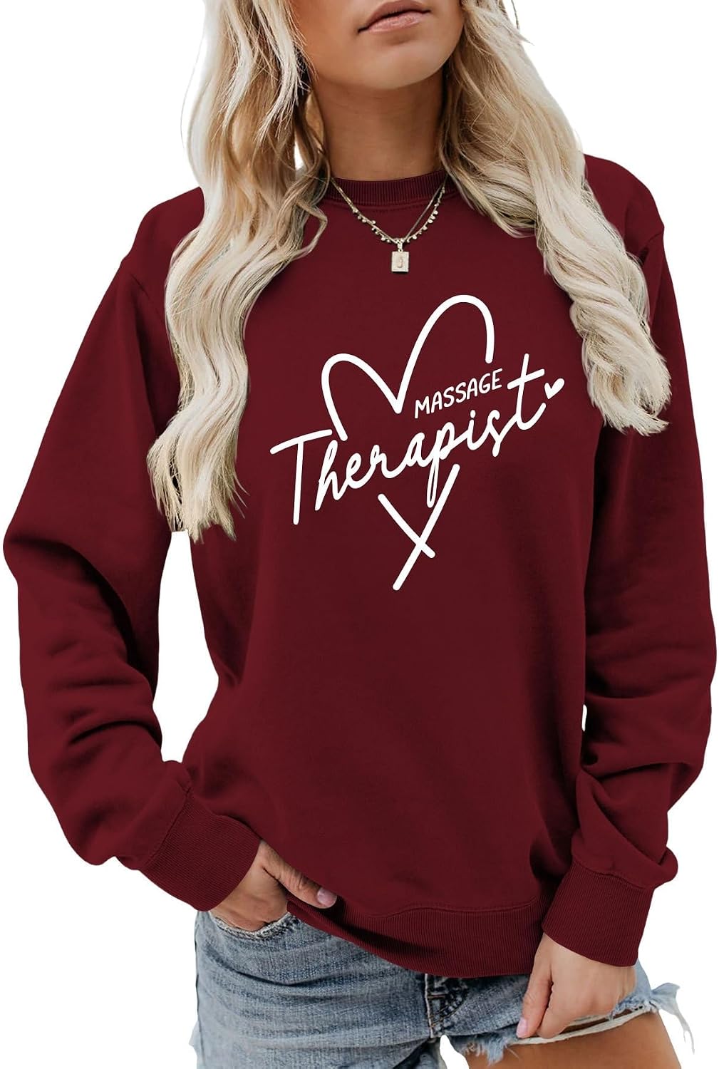 Massage Therapist Sweatshirt for Women Heart Graphic Massage Therapy Shirt Crew Neck Sweater - Wine