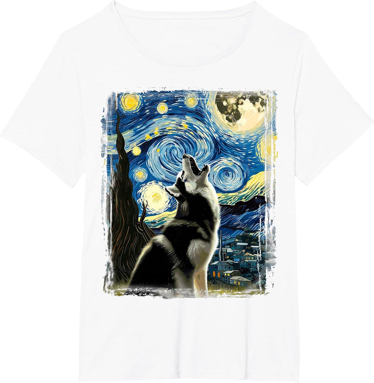 Siberian Husky Dog Art Van Gogh Starry Night Siberian Husky T-Shirt - White