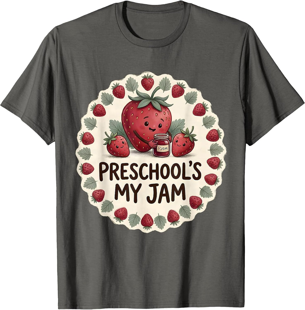 Preschool's My Jam Storybook Strawberry Teacher Back T-Shirt - Asphalt Grey