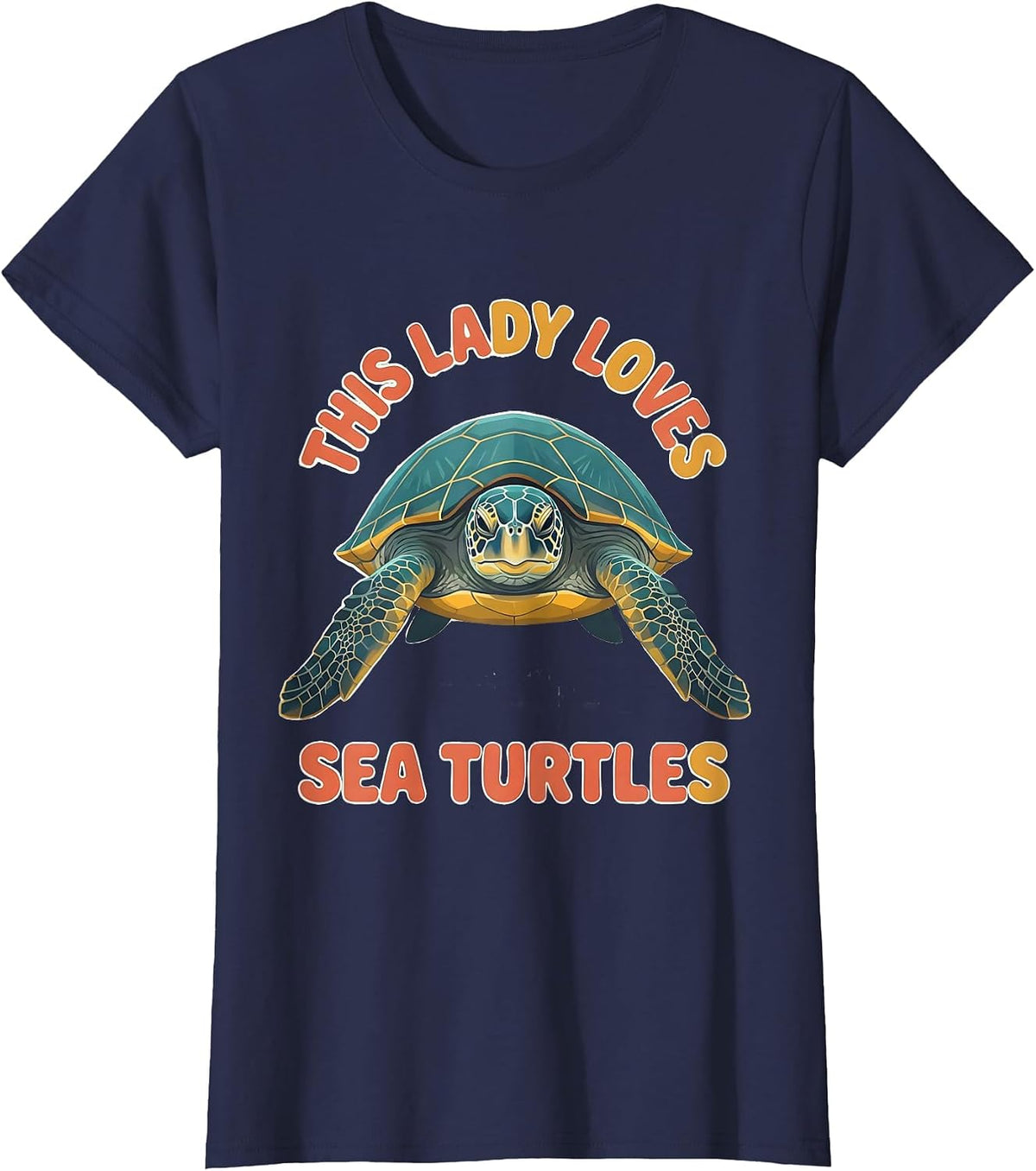 Women's This Lady Loves Sea Turtles Flat Vector Sea Turtle Lover T-Shirt - Navy Blue