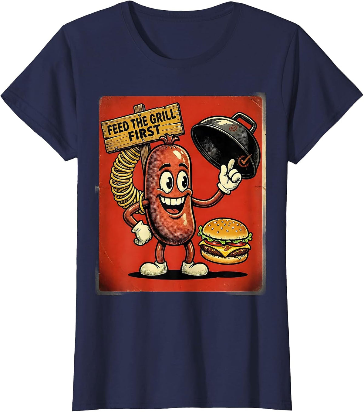 Women's Feed The Grill First Retro Cartoon Funny BBQ Grilling 4th Of T-Shirt - Navy Blue