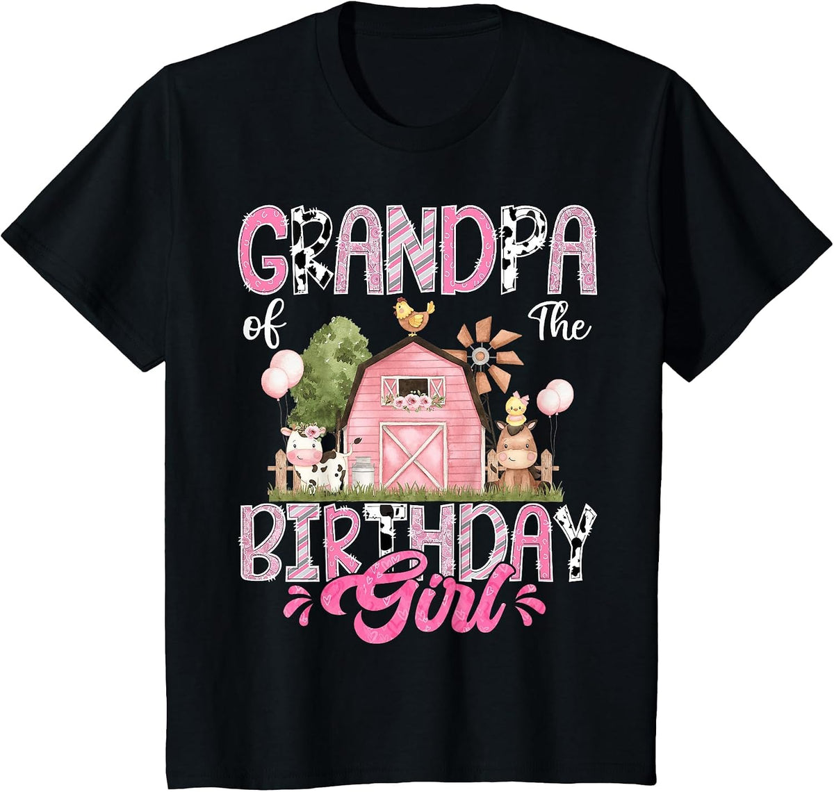 Grandpa of The Birthday Girl 1St Birthday Pink Cow Farm T-Shirt - Black
