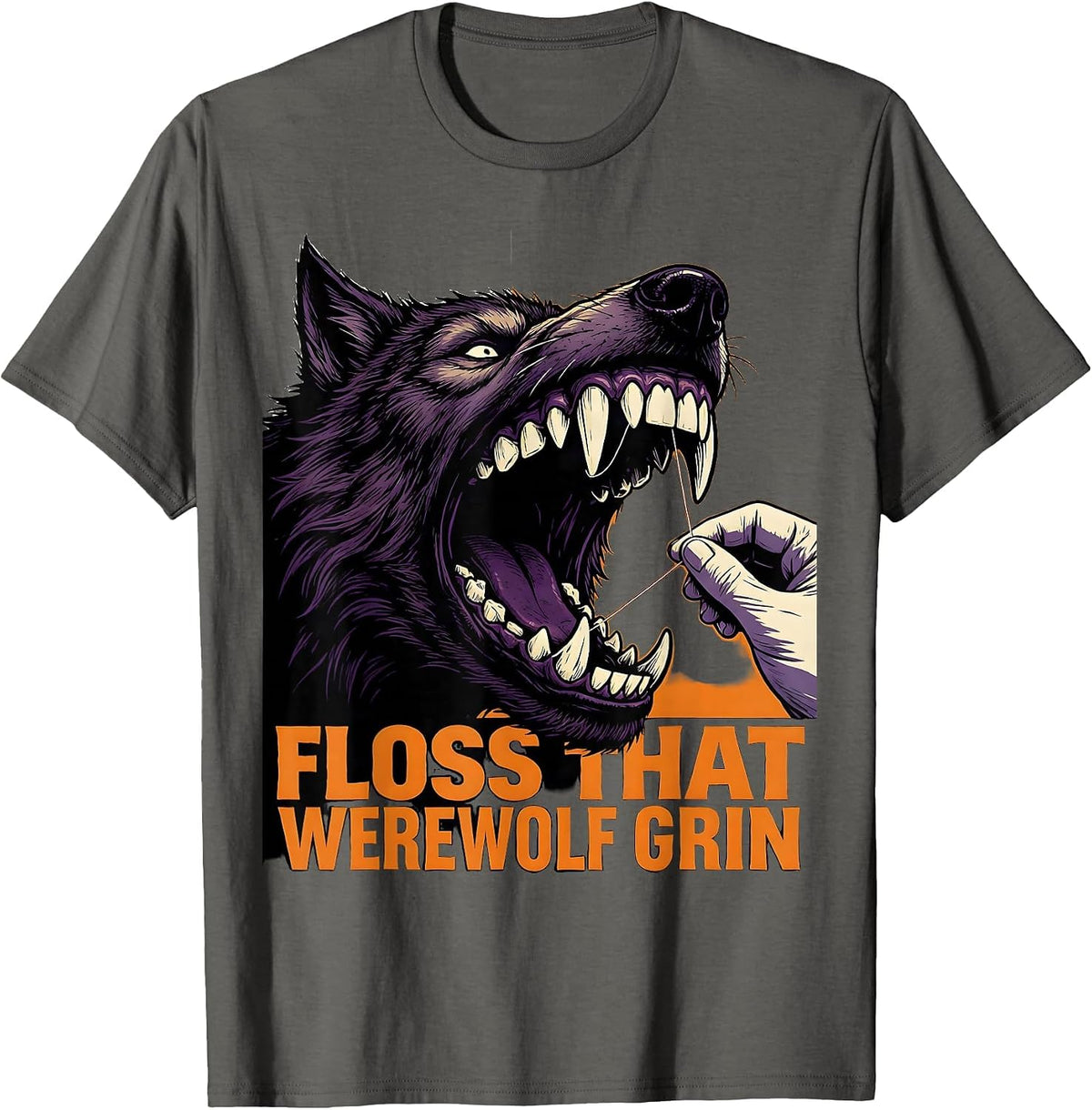Floss That Werewolf Grin Funny Dental Hygienist Halloween T-Shirt - Asphalt Grey